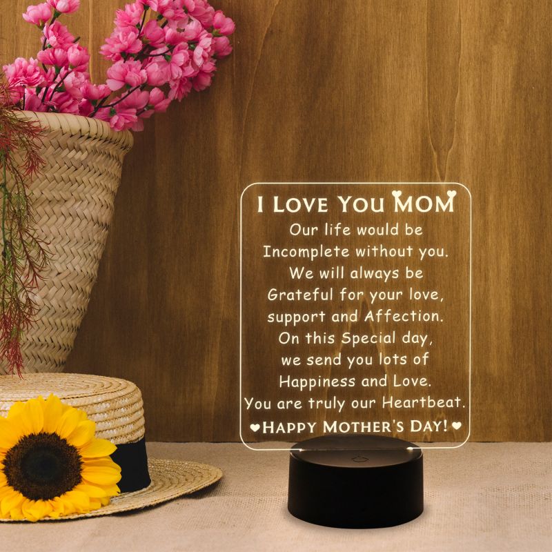 I Love You Mom Gift Night Lamp | Birthday Gift for Mothers Day | Warm White Light & On/Off Touch Button | USB Power Cable